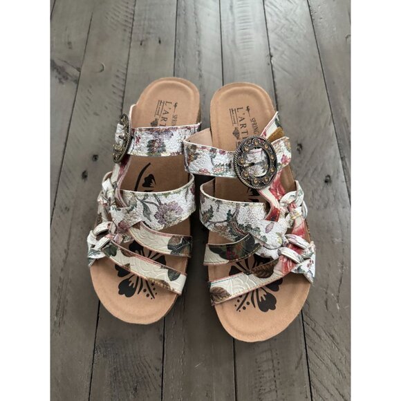 L'ARTISTE Spring Step Yarden Floral Strappy Wedge Sandals Leather Size 38 / 7.5 - Picture 2 of 7